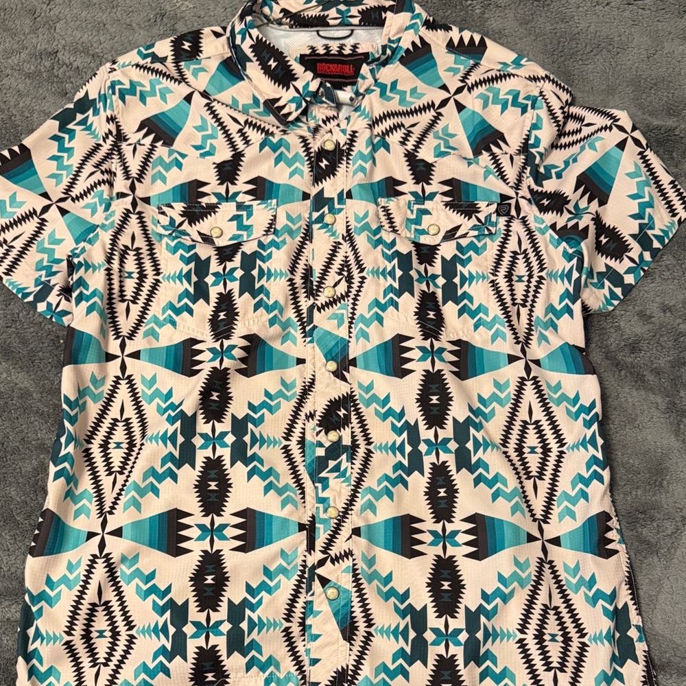 Men's Geometric Pattern Shirt - Black, White, and Blue